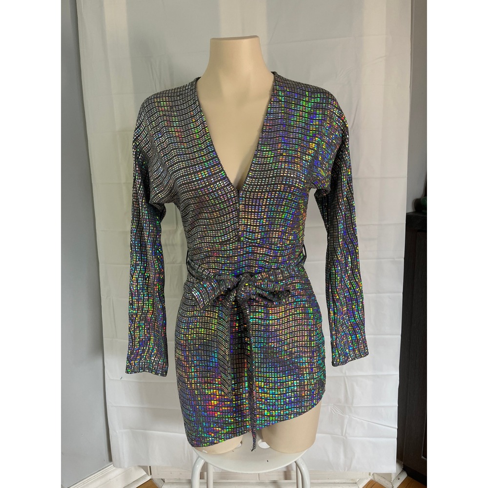 Holographic Rainbow Disco Mini Dress Long Sleeve V-Neck Asymmetrical Hem Silver